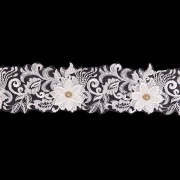 Кружево 3D на сетке с цветочным орнаментом, расшитое микробисером, пайетками и стразами, ширина 100 мм, цвет белый, намотка 10 ярдов 