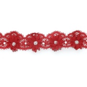 Кружево ажурное с объемными цветами в цвет кружева, украшено белыми бусинами и стразами, ширина 50 мм, намотка 10 ярдов, цвет бордовый