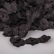 Кружево "Цветочки" украшено бусиной, на капроновой ленте, ширина 55 мм, цвет  черный (6), намотка 20 ярдов