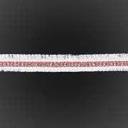 Декоративная тесьма букле с бахромой белого цвета, украшена белыми стразами на красной полоске, ширина 20 мм, намотка 45 ярдов