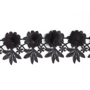 Кружево ажурное с  отделкой, нежнейшее тонкое переплетение гирлянды с цветочными мотивами и мехом в центре цветка, ширина 75 мм, намотка 10 ярдов, цвет черный 