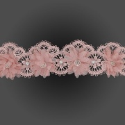 Кружево ажурное с объемными цветами в цвет кружева, украшено белыми бусинами и стразами, ширина 50 мм, намотка 10 ярдов, цвет грязно-розовый 