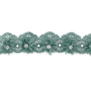 Кружево ажурное с объемными цветами в цвет кружева, украшено белыми бусинами и стразами, ширина 50 мм, намотка 10 ярдов, цвет мятный 