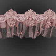 Сборка из сетки, задекорированная ажурным кружевом и бусинами в цвет кружева, ширина 70 мм, цвет грязно-розовый, намотка 10 ярдов 