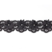 Кружево ажурное с объемными цветами в цвет кружева, украшено черными бусинами и белыми стразами, ширина 50 мм, намотка 10 ярдов, цвет черный 