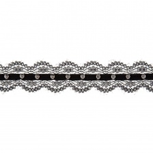 Кружево ажурное, отделанное тесьмой с заклепками,  ширина 25 мм, намотка 15 ярдов, цвет черны+темный никель 