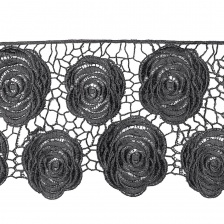 Кружево ажурное, оригинальная объемная гирлянда с крупными цветами, ширина 210 мм, цвет черный, намотка 15 ярдов