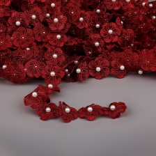 Кружево "Цветочки" на капроновой ленте, ширина 35 мм, цвет бордовый+белые бусины, намотка 20 ярдов