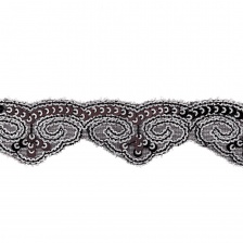 Декоративная тесьма на черной сетке, расшитая черными и серебряными пайетками, ширина 35 мм, намотка 20 ярдов 