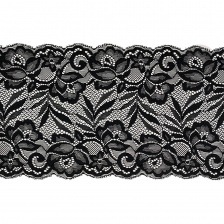 Кружево эластичное, ширина 150 мм, цвет черный, намотка 15 ярдов, материал лайкра