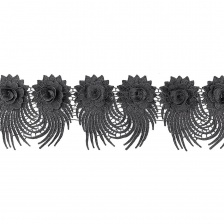 Кружево "Цветочное", красивая цветочная гирлянда из объемных цветов и длинным резным краем, ширина 130 мм, цвет черный, намотка 15 ярдов