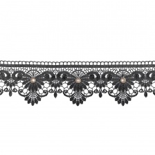 Кружево ажурное с отделкой, на тонкой ажурной основе цветочная гирлянда с люверсами в центре каждого цветочка, ширина 10 мм, намотка 15 ярдов, цвет черный