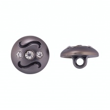 Пуговица пластиковая на ножке, форма полусферы, цвет темный никель с черными завитками и белыми стразами, 28L