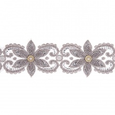 Кружево 3D на сетке с цветочным орнаментом, расшитое пайетками, микробисером и стразами, ширина 100 мм, цвет серебряный, намотка 10 ярдов 