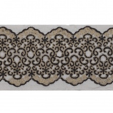 Кружево на черной сетке с золотым и черным глиттером, ширина 160 мм, намотка 15 ярдов