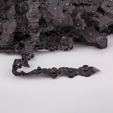 Кружево "Цветочки" на капроновой ленте, ширина 35 мм, цвет черный+белые бусины, намотка 20 ярдов