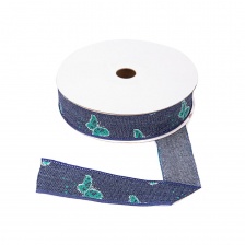 Джинсовая лента с бабочками зеленого цвета, ширина 25 мм, намотка 20 ярдов