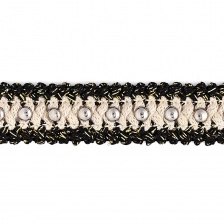 Тесьма букле, черно-белая с люрексом, отделана заклепками цвета никель, ширина 20 мм, намотка 15 ярдов