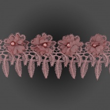 Кружево ажурное с отделкой, нежнейшее тонкое переплетение гирлянды с цветочными мотивами с бусиной в центре цветка, ширина 85 мм, намотка 10 ярдов, цвет старо-розовый 