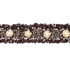 Декоративная тесьма букле с люрексом и бахромой, отделана золотыми цветками и белыми бусинами, ширина 30 мм, намотка 15 ярдов