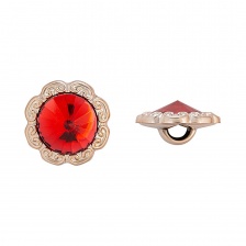 Пуговица пластиковая на ножке, круглая с ажурным бортиком, основа золотая, вставка в виде красной стразы, 28L