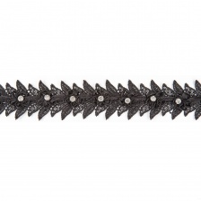 Кружево с отделкой,  россыпь цветочных бутонов со стразой в середине цветка и в обрамлении остроконечных листьев по всей длине изделия, ширина 45 мм, намотка 15 ярдов, цвет черный 