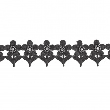 Кружево "Цветочное" из ромашек, декорированное стразами, ширина 60 мм, цвет черный, намотка 15 ярдов 