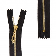 Молния металлическая, тип 5, неразъемная, длина 16 см, цвет 322 (черный), звенья золотистые, бегунок золотистый со стразами
