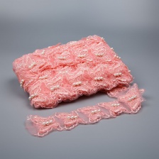 Кружево "Бабочки" на капроновой ленте, ширина 60 мм, цвет розовый, бусины белые, намотка 10 ярдов 