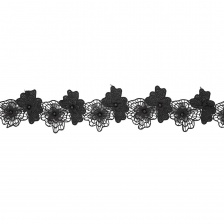 Кружево "Цветочное", нежная ассиметричная гирлянда из объемных цветов разных оттенков черного, ширина 80 мм, цвет черный, намотка 10 ярдов