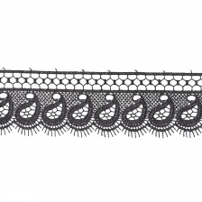 Кружево ажурное с "огуречным" орнаментом и ресничками по фестончатомы краю, ширина 75 мм, цвет черный, намотка 15 ярдов