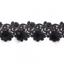 Ажурное кружево с натуральным мехом, цветами и бусинами в цвет кружева, ширина 60 мм, намотка 10 ярдов, цвет черный