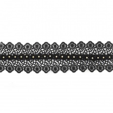 Кружево ажурное, дополненное скрученной капроновой лентой и золотыми бусинами, ширина 87 мм, намотка 15 ярдов, цвет черный