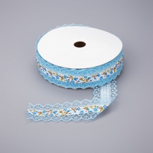 Декоративная лента на кружевной основе с цветочным принтом, цвет голубой, ширина 30 мм, намотка 20 ярдов