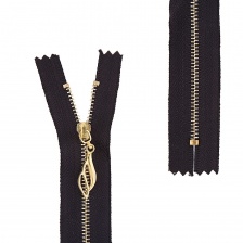 Молния металлическая, тип 3, неразъемная, длина 14 см, цвет 322 (черный), звенья золотистые, бегунок зотистого цвета