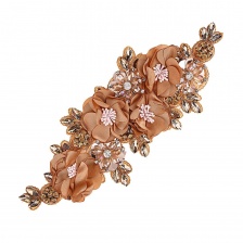 Пришивная аппликация на сетке, расшитая объемными цветами и стразами, размер 100х270 мм, цвет бронзовый