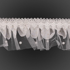 Сборка из сетки, задекорированная ажурным кружевом и бусинами в цвет кружева, ширина 70 мм, цвет белый, намотка 10 ярдов 