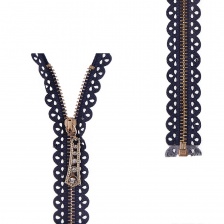 Молния металлическая, тип 3, разъемная, длина 60 см, цвет 330 (темно-синий), звенья золотистые, бегунок золотистого цвета со стразами