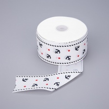 Лента репсовая, с принтом "якоря", ширина 40 мм, цвет белый+синий+красный, намотка 20 ярд