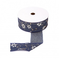 Джинсовая лента с цветочным принтом белого цвета, ширина 40 мм, намотка 20 ярдов
