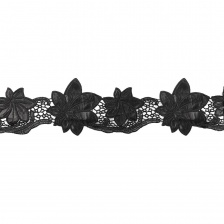 Кружево кожаное, на тонкой ажурной основе россыпь крупных цветов из кожи, ширина 120 мм, намотка 10 ярдов, цвет черный