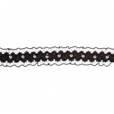 Декоративная тесьма-рюш, ширина 25 мм, цвет черный+клепки темный никель,  намотка 15 ярдов
