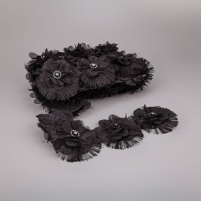 Кружево Цветочное, красивая цветочная гирлянда на капроновой основе с нежным розовым бутоном в центре цветка и с короткой бахромой по краю изделия, намотка 10 ярдов, размер 75 мм, цвет черный