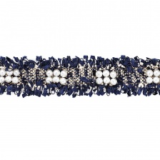 Декоративная тесьма букле с люрексом и бахромой, отделана белыми бусинами, имитирующими жемчуг, цвет синий, ширина 30 мм, намотка 15 ярдов