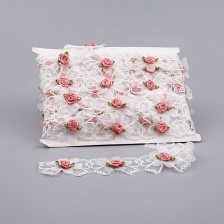 Кружево из органзы "Бантики с цветочками" , цвет белый+розовый, намотка 10 ярдов, ширина 45 мм