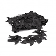 Кружево "Цветочное", нежная цветочная гирлянда из объемных цветов с белой стразой в середине цветка, ширина 80 мм, намотка 10 ярдов, цвет черный