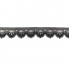 Кружево ажурное с золотыми люверсами, черными бусинами и белыми стразами, ширина 60 мм, намотка 15 ярдов, цвет черный