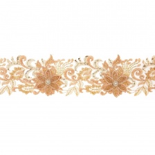 Кружево 3D на сетке с цветочным орнаментом, расшитое микробисером, пайетками и стразами, ширина 100 мм, цвет золотой, намотка 10 ярдов 