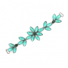 Фигурная пряжка  со стразами, цвет темный никель+зеленые стразы, размер 35*145 мм.