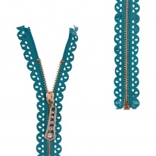 Молния металлическая, тип 3, разъемная, длина 60 см, цвет 236 (зеленый), звенья золотистые, бегунок золотистого цвета со стразами